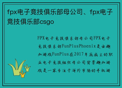 fpx电子竞技俱乐部母公司、fpx电子竞技俱乐部csgo